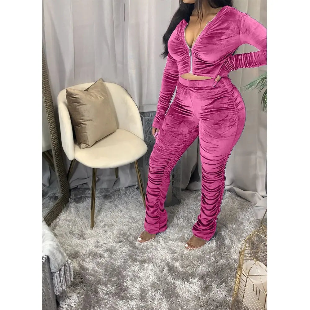 Women's Solid Color Zipper Sports Two-Piece Suit VogueDarzi