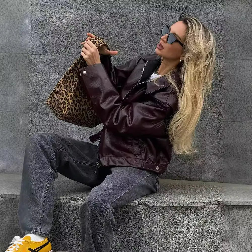Solid Color Lapel Zipper Jacket Fashion Casual Long Sleeve Leather Coat Tops Women Clothing VogueDarzi