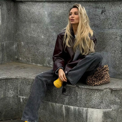 Solid Color Lapel Zipper Jacket Fashion Casual Long Sleeve Leather Coat Tops Women Clothing VogueDarzi