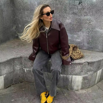 Solid Color Lapel Zipper Jacket Fashion Casual Long Sleeve Leather Coat Tops Women Clothing VogueDarzi