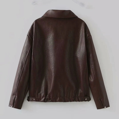 Solid Color Lapel Zipper Jacket Fashion Casual Long Sleeve Leather Coat Tops Women Clothing VogueDarzi