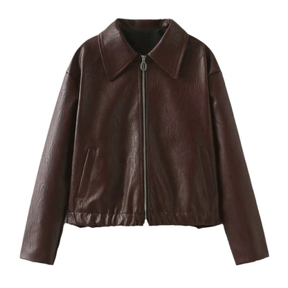Solid Color Lapel Zipper Jacket Fashion Casual Long Sleeve Leather Coat Tops Women Clothing VogueDarzi