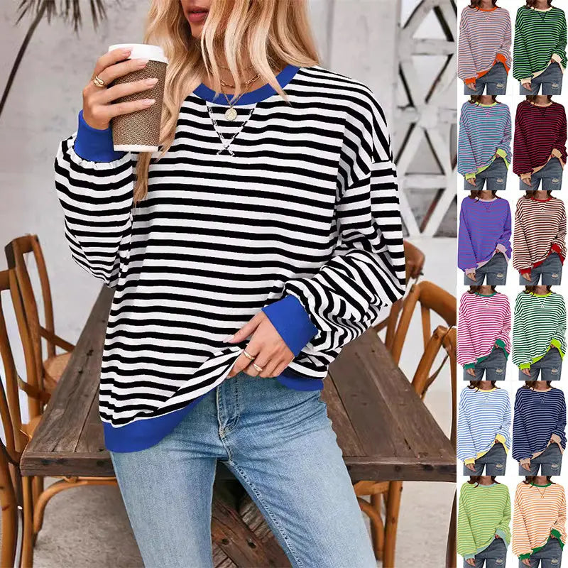 Loose Striped Long Sleeve T-shirt Casual Pullover Sweater For Womens Clothing - VogueDarzi