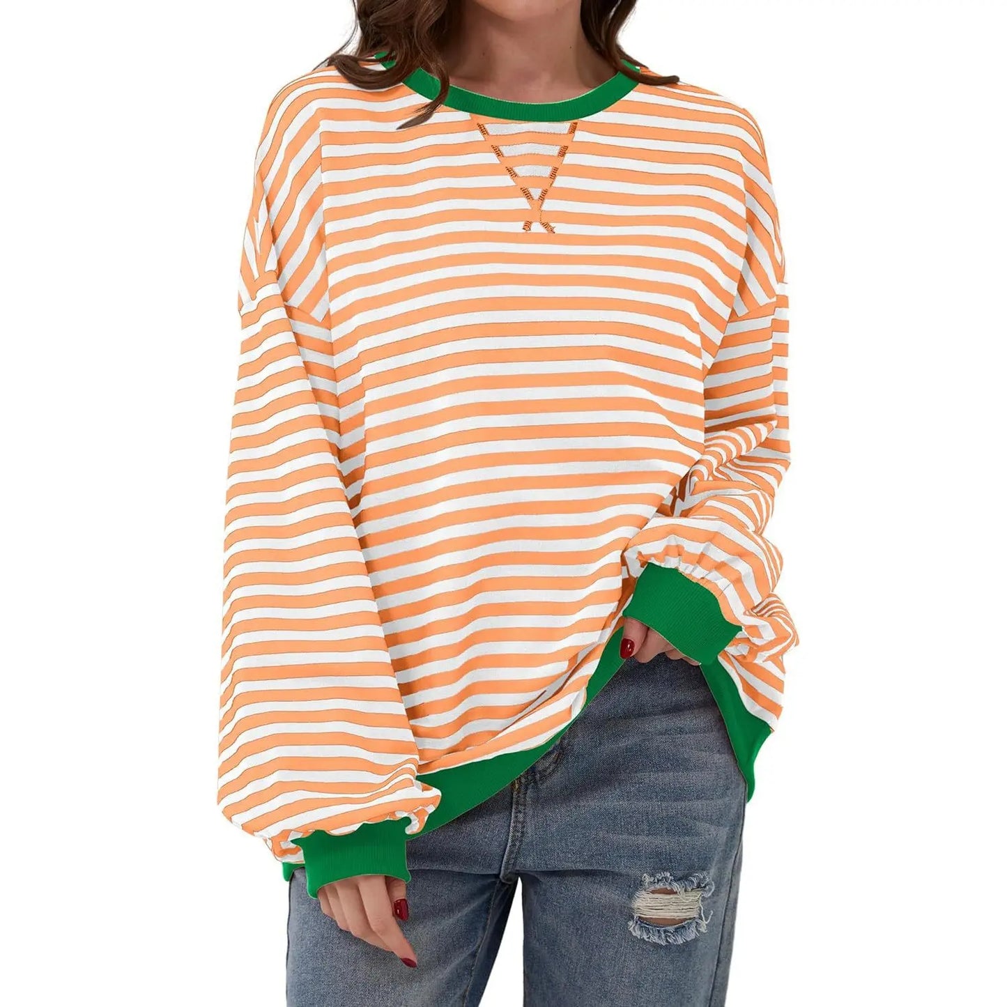 Loose Striped Long Sleeve T-shirt Casual Pullover Sweater For Womens Clothing - VogueDarzi