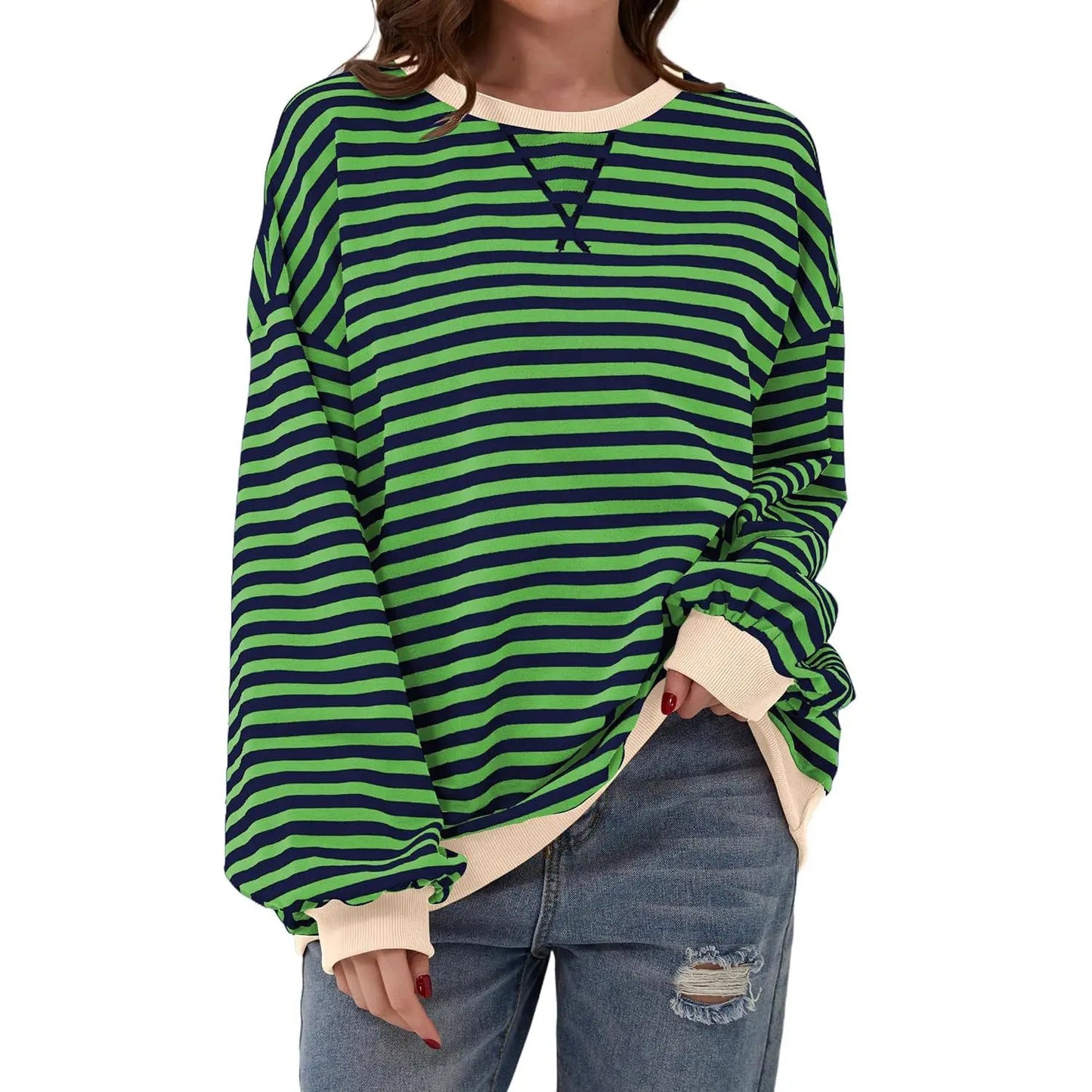 Loose Striped Long Sleeve T-shirt Casual Pullover Sweater For Womens Clothing - VogueDarzi