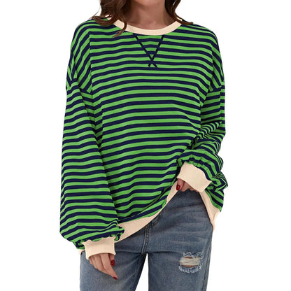 Loose Striped Long Sleeve T-shirt Casual Pullover Sweater For Womens Clothing - VogueDarzi