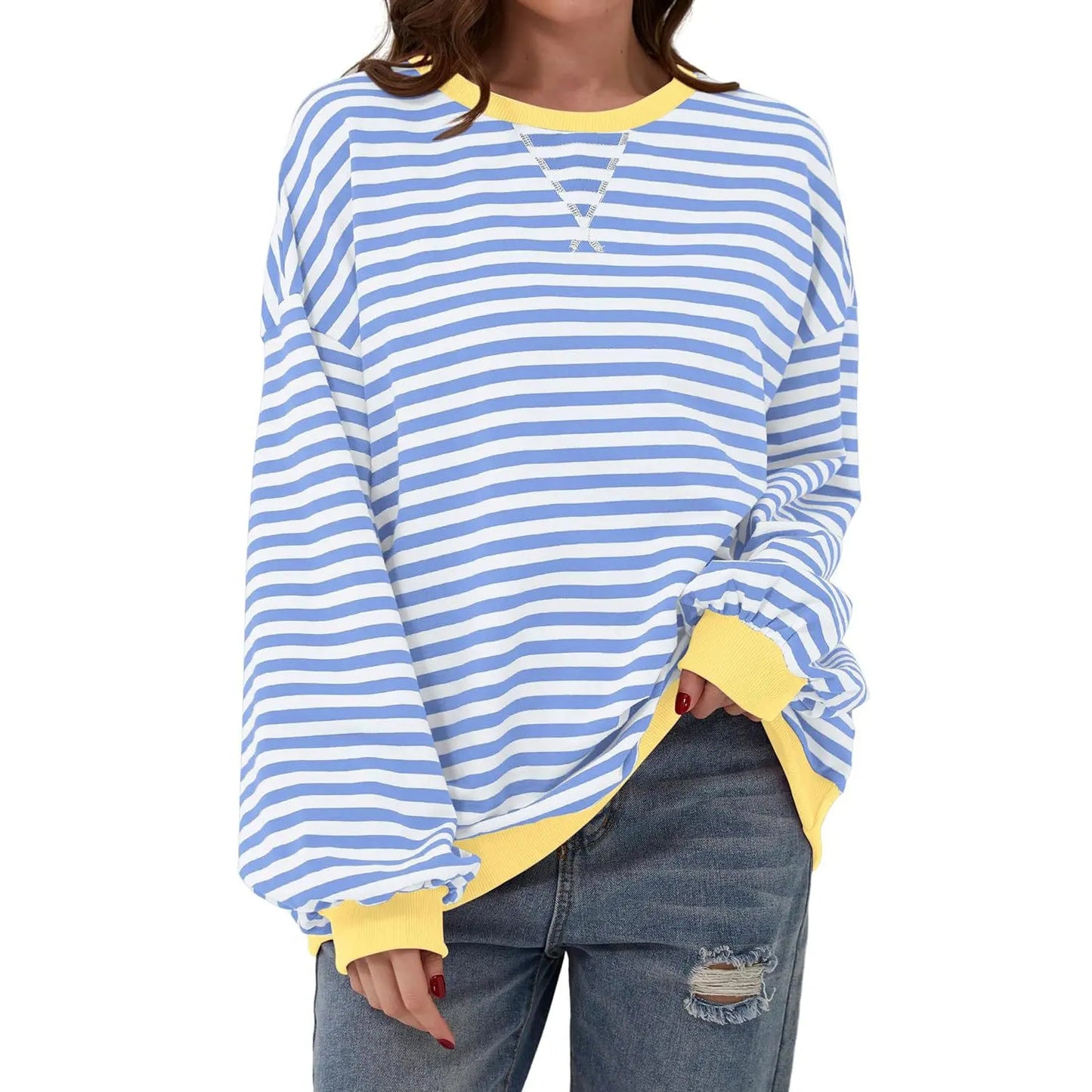 Loose Striped Long Sleeve T-shirt Casual Pullover Sweater For Womens Clothing - VogueDarzi