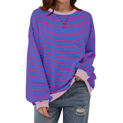Loose Striped Long Sleeve T-shirt Casual Pullover Sweater For Womens Clothing - VogueDarzi