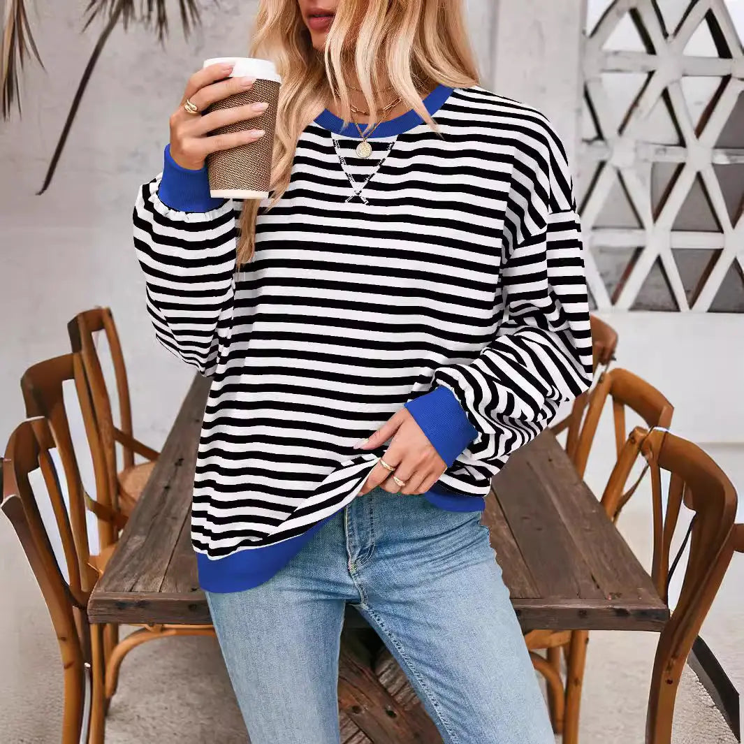Loose Striped Long Sleeve T-shirt Casual Pullover Sweater For Womens Clothing - VogueDarzi