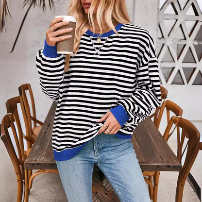 Loose Striped Long Sleeve T-shirt Casual Pullover Sweater For Womens Clothing - VogueDarzi