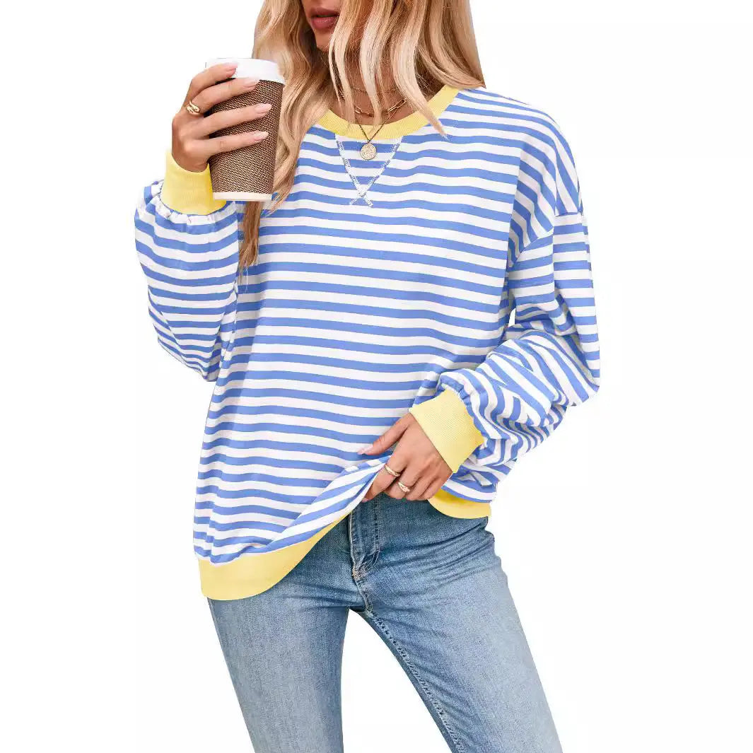 Loose Striped Long Sleeve T-shirt Casual Pullover Sweater For Womens Clothing - VogueDarzi