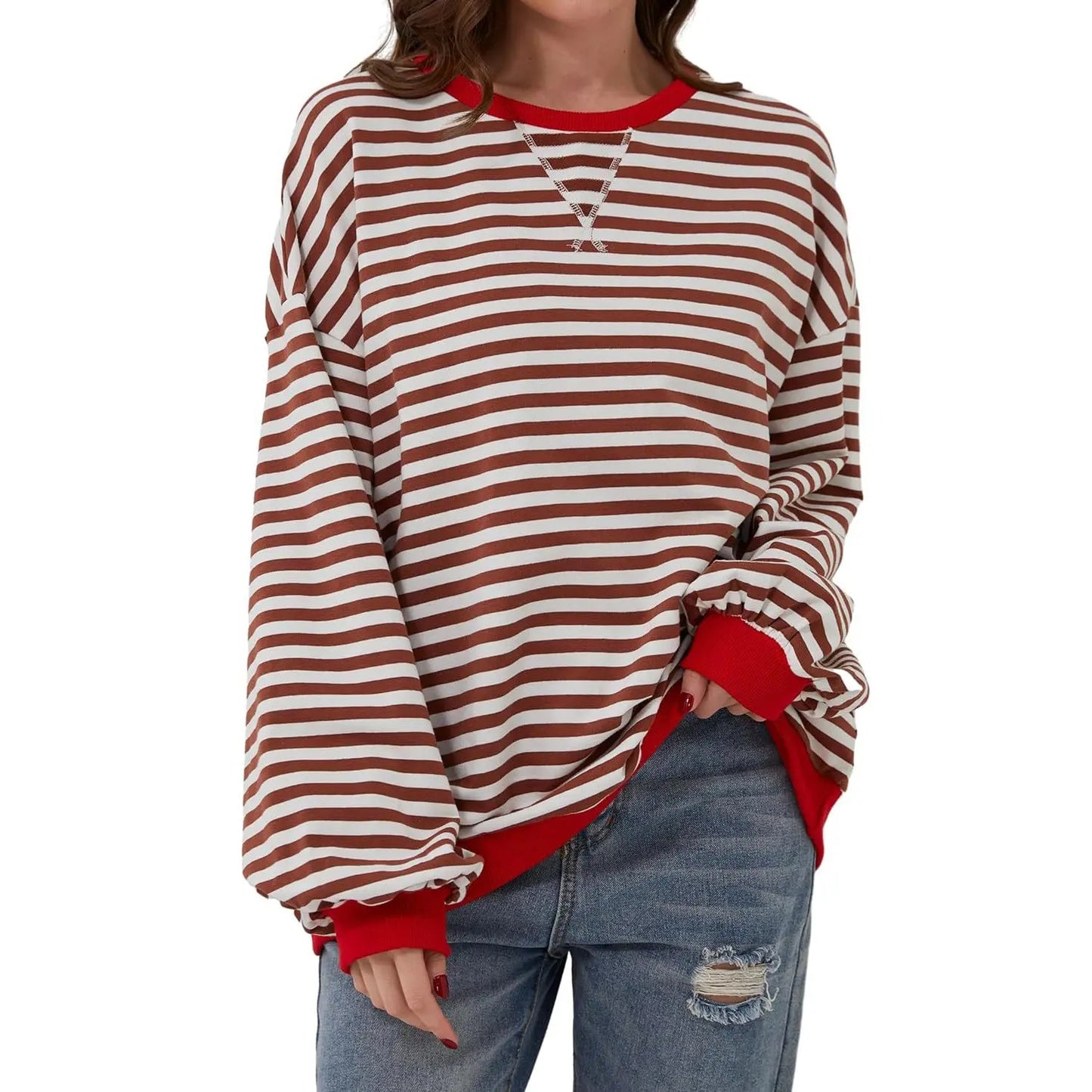Loose Striped Long Sleeve T-shirt Casual Pullover Sweater For Womens Clothing - VogueDarzi