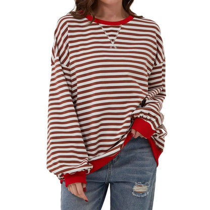 Loose Striped Long Sleeve T-shirt Casual Pullover Sweater For Womens Clothing - VogueDarzi