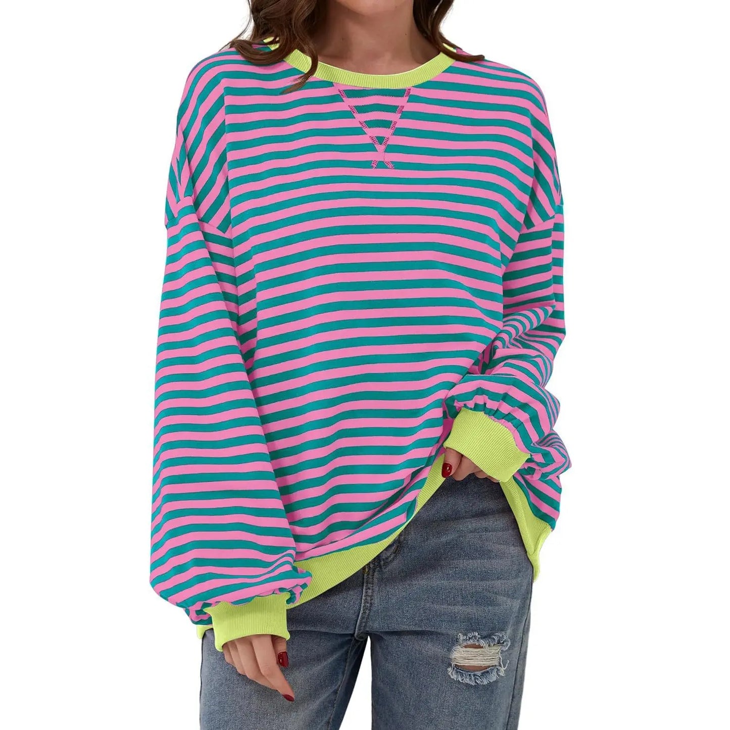 Loose Striped Long Sleeve T-shirt Casual Pullover Sweater For Womens Clothing - VogueDarzi