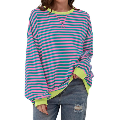 Loose Striped Long Sleeve T-shirt Casual Pullover Sweater For Womens Clothing - VogueDarzi