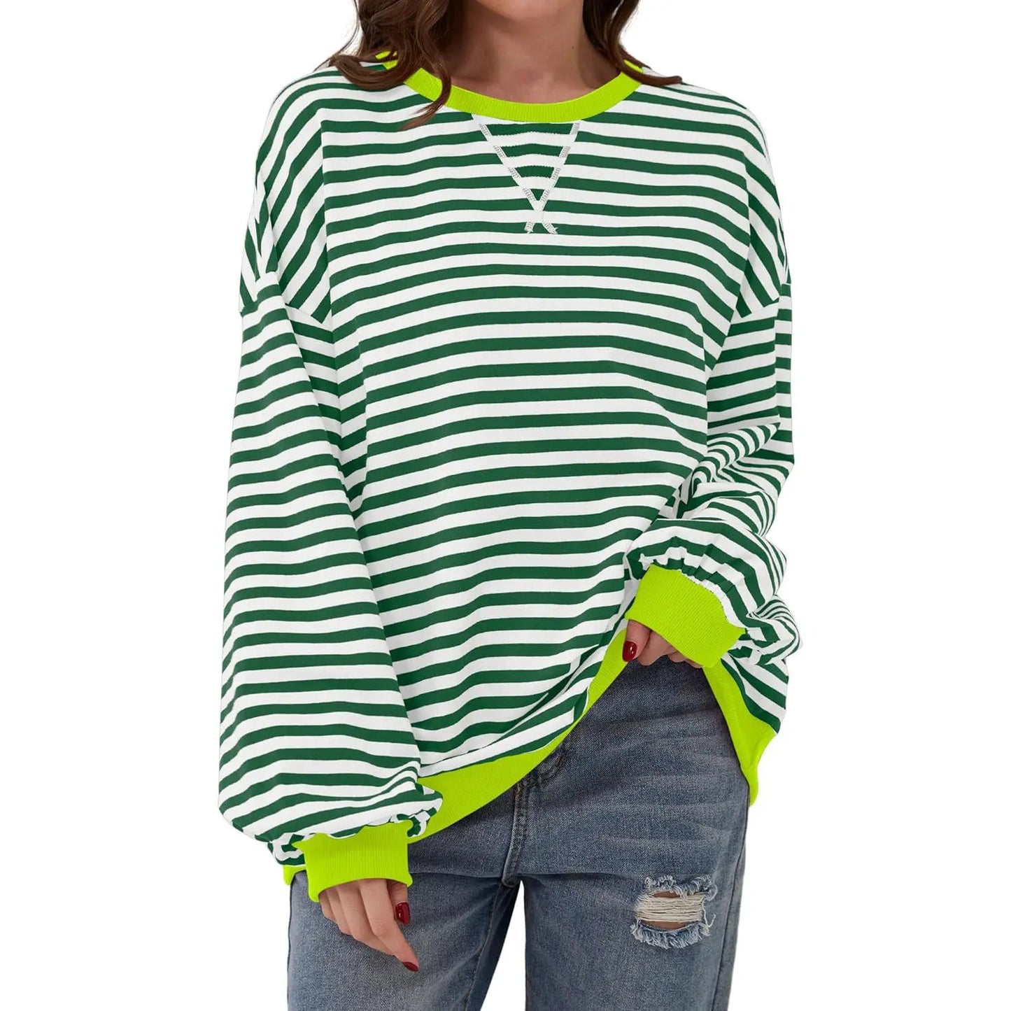 Loose Striped Long Sleeve T-shirt Casual Pullover Sweater For Womens Clothing - VogueDarzi