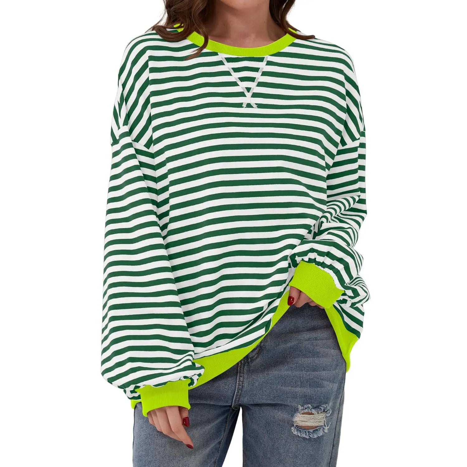 Loose Striped Long Sleeve T-shirt Casual Pullover Sweater For Womens Clothing - VogueDarzi