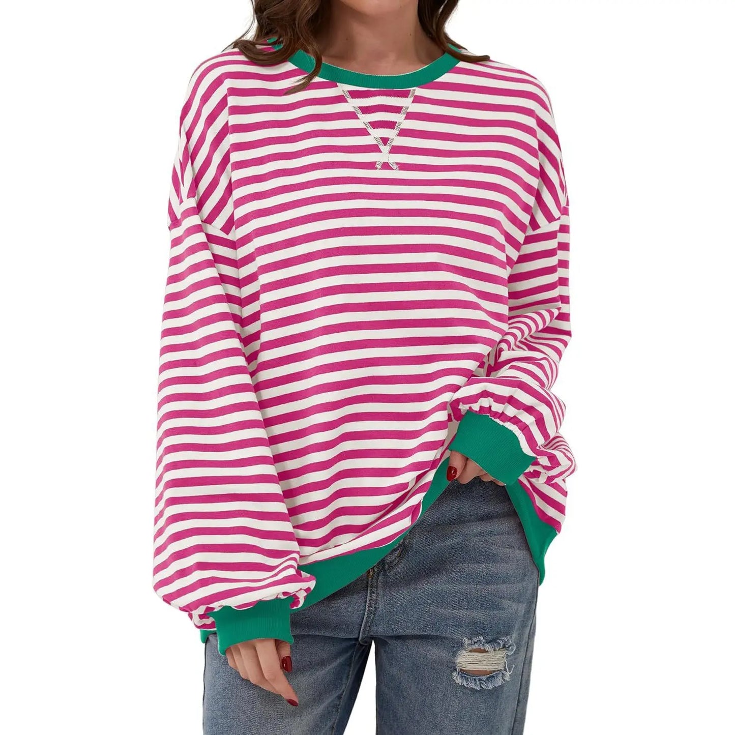 Loose Striped Long Sleeve T-shirt Casual Pullover Sweater For Womens Clothing - VogueDarzi