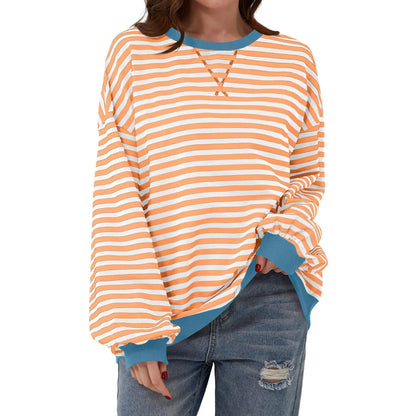 Loose Striped Long Sleeve T-shirt Casual Pullover Sweater For Womens Clothing - VogueDarzi