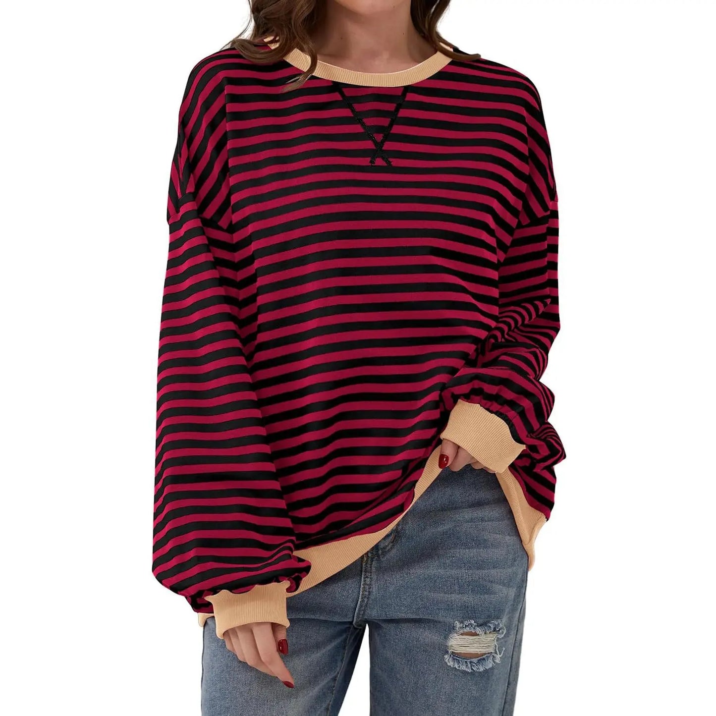 Loose Striped Long Sleeve T-shirt Casual Pullover Sweater For Womens Clothing - VogueDarzi