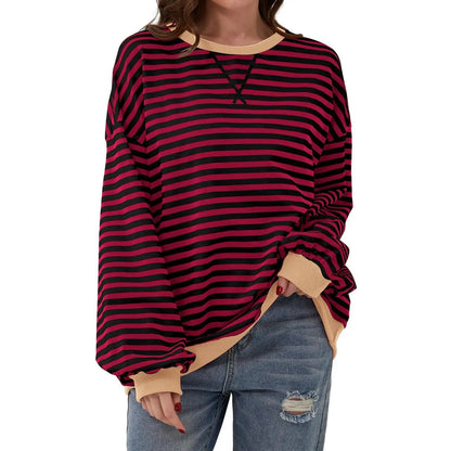 Loose Striped Long Sleeve T-shirt Casual Pullover Sweater For Womens Clothing - VogueDarzi