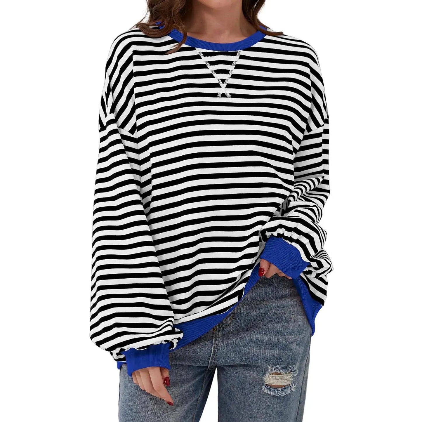 Loose Striped Long Sleeve T-shirt Casual Pullover Sweater For Womens Clothing - VogueDarzi