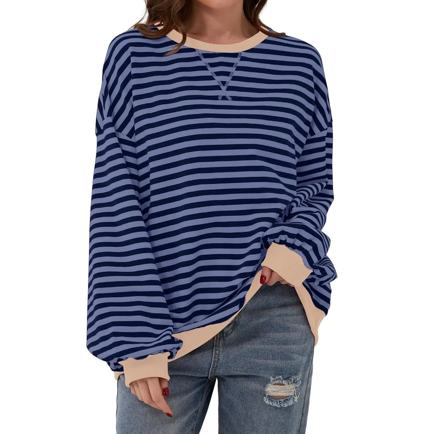 Loose Striped Long Sleeve T-shirt Casual Pullover Sweater For Womens Clothing - VogueDarzi