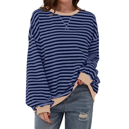 Loose Striped Long Sleeve T-shirt Casual Pullover Sweater For Womens Clothing - VogueDarzi