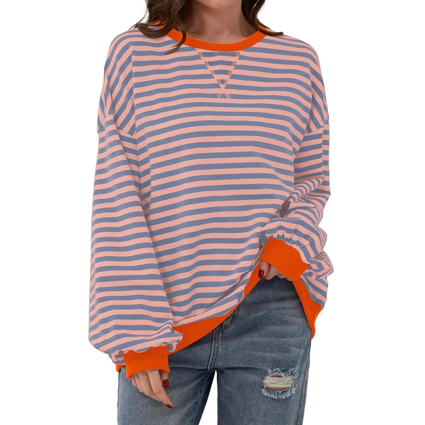 Loose Striped Long Sleeve T-shirt Casual Pullover Sweater For Womens Clothing - VogueDarzi