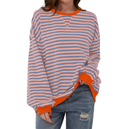 Loose Striped Long Sleeve T-shirt Casual Pullover Sweater For Womens Clothing - VogueDarzi