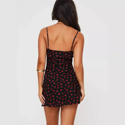 V-neck Suspender Dress Rose Flowers Print Bow-knot Skirt Y2K Sweet Street Girl Fashion Mini Dresses For Womens Clothing VogueDarzi