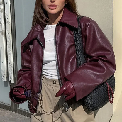Solid Color Lapel Zipper Jacket Fashion Casual Long Sleeve Leather Coat Tops Women Clothing VogueDarzi