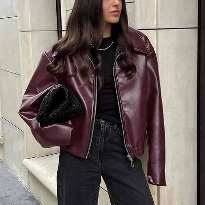 Solid Color Lapel Zipper Jacket Fashion Casual Long Sleeve Leather Coat Tops Women Clothing VogueDarzi
