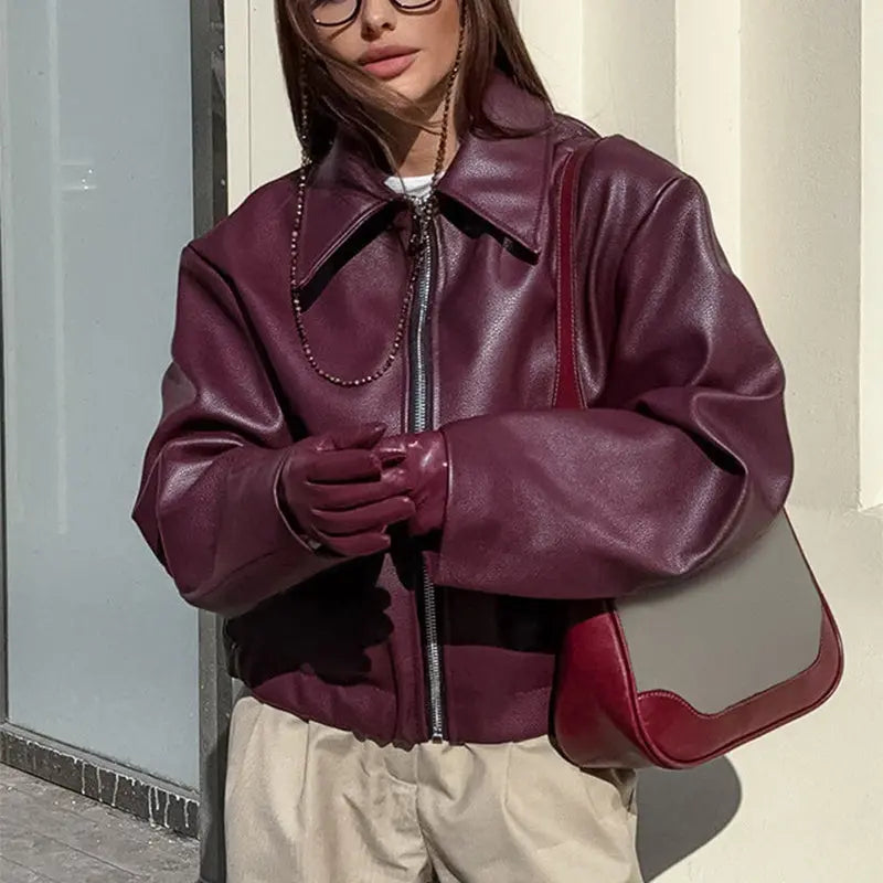 Solid Color Lapel Zipper Jacket Fashion Casual Long Sleeve Leather Coat Tops Women Clothing VogueDarzi